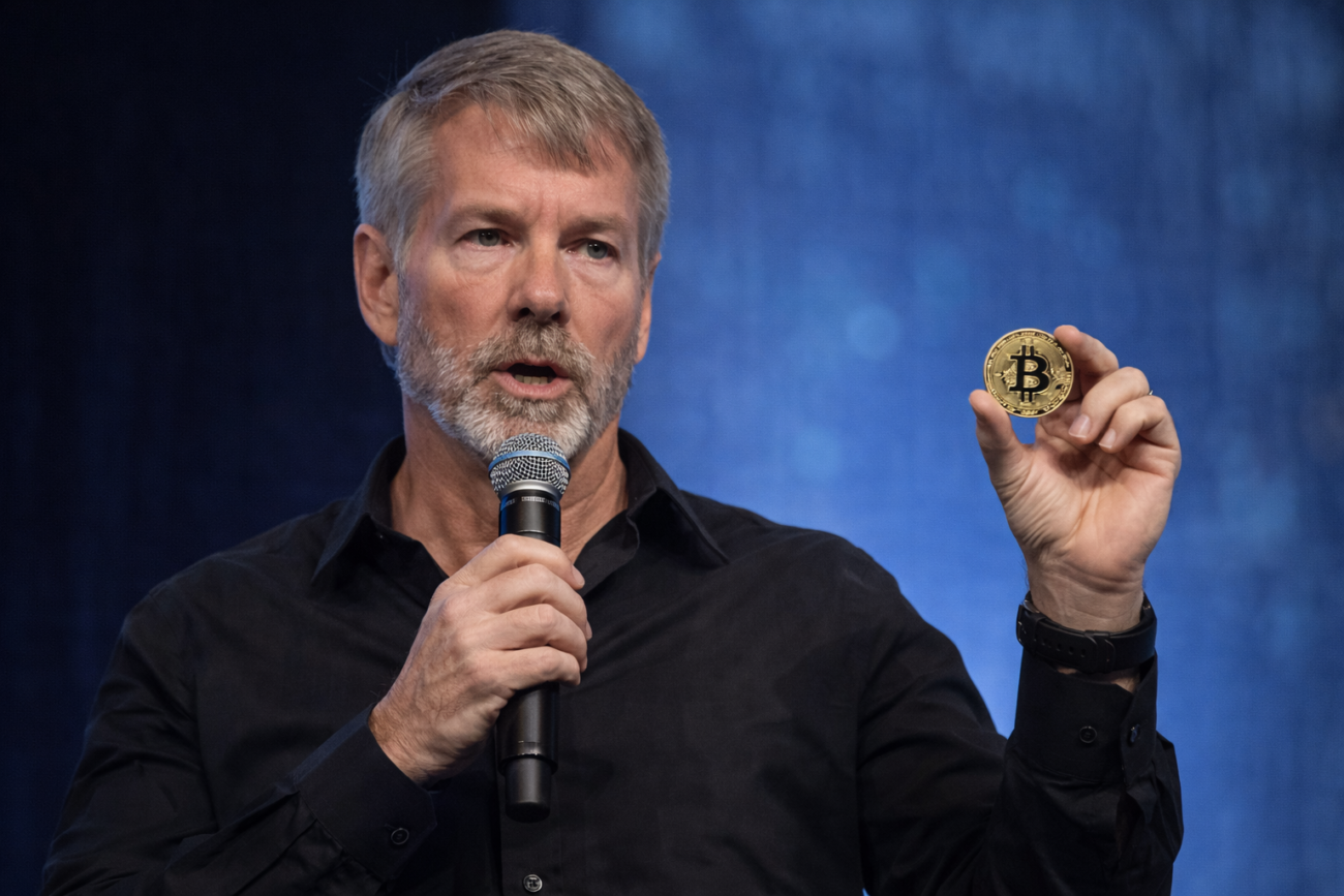 Michael Saylor speaking on stage while holding a physical Bitcoin coin
